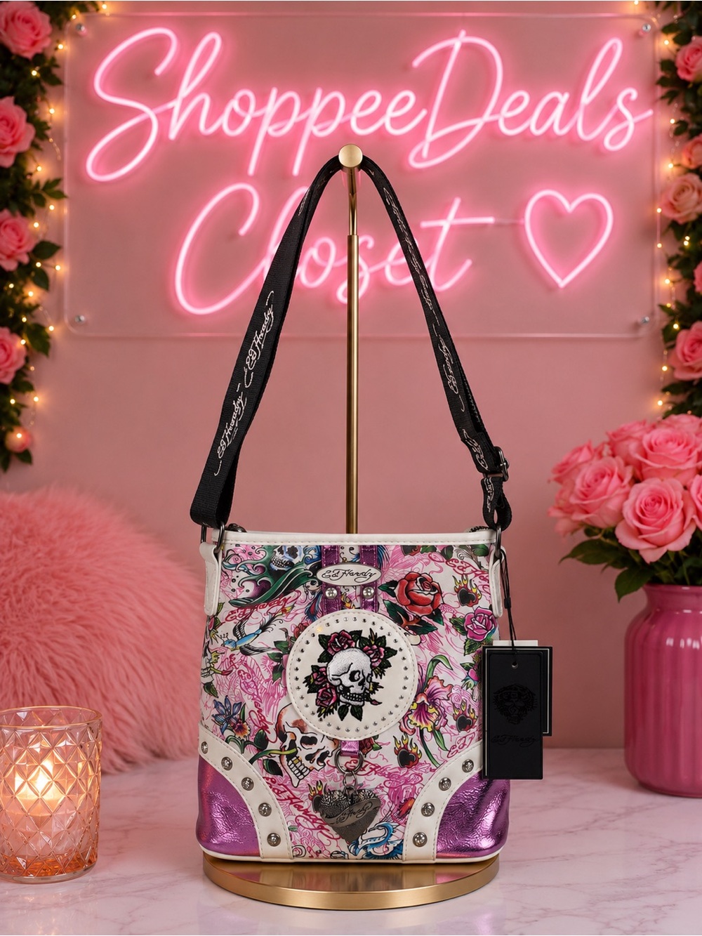 NWT Ed Hardy Tattoo Skull Rose Crossbody Shoulder Bag Pink White Y2K